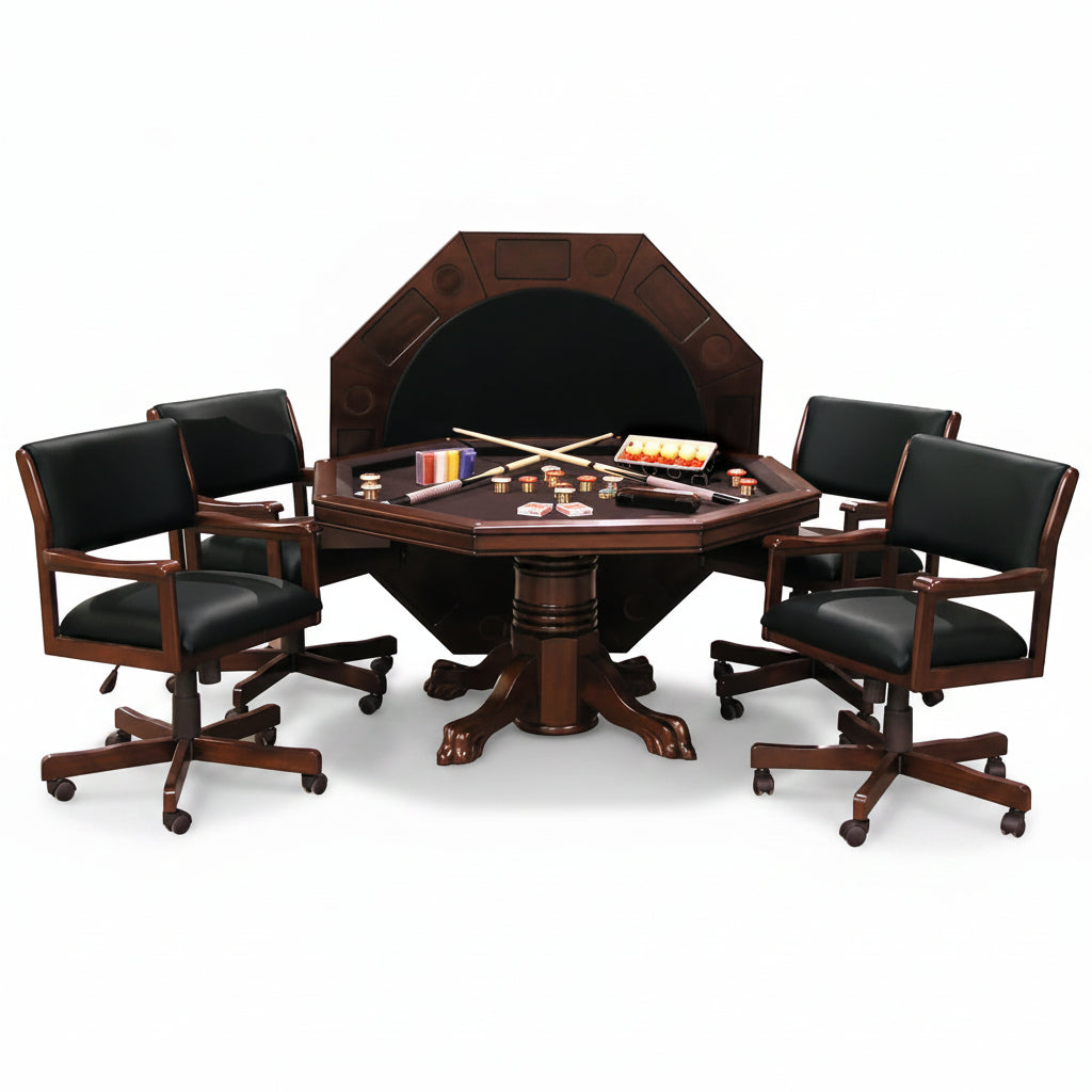 3-In1 Combination Game & Dining Table Set with 4 Rocker-Swivel Chairs- (Mahogany Finish)