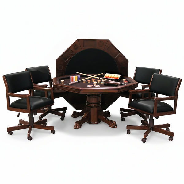 3-In1 Combination Game & Dining Table Set with 4 Rocker-Swivel Chairs- (Mahogany Finish)
