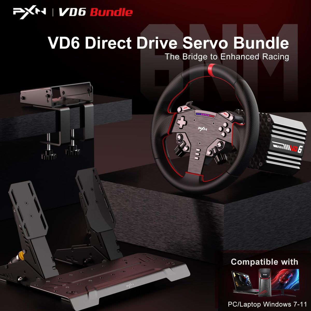 VD6 Bundle: Racing Wheel and Pedals, 6 Nm Direct Drive Force Feedback | Servo Motor, W as Steering Wheel, Hall Effect 2-Pedal Set, and Clamp – Professional Sim Racing Setup for Windows PC (7–11)