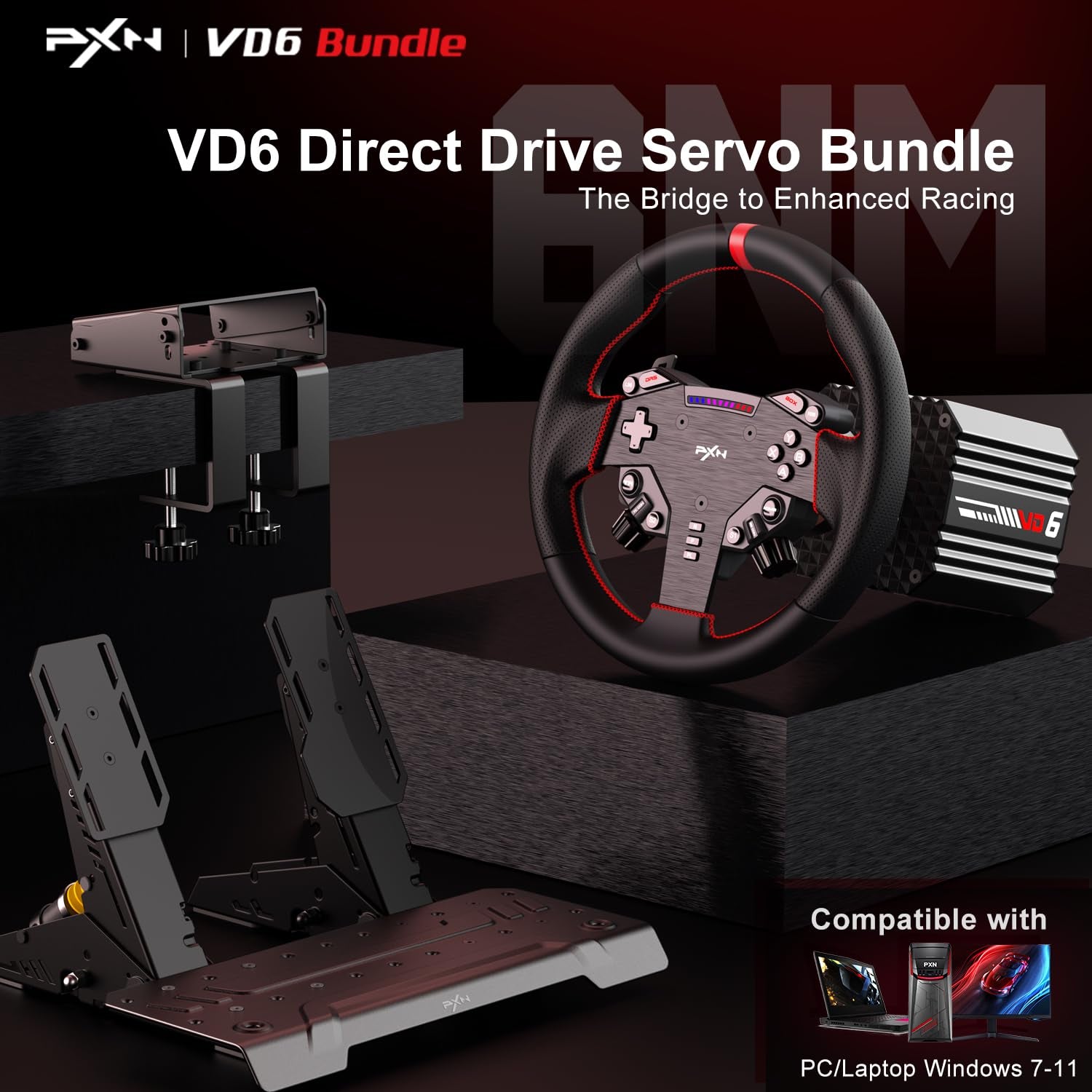 VD6 Bundle: Racing Wheel and Pedals, 6 Nm Direct Drive Force Feedback | Servo Motor, W as Steering Wheel, Hall Effect 2-Pedal Set, and Clamp – Professional Sim Racing Setup for Windows PC (7–11)
