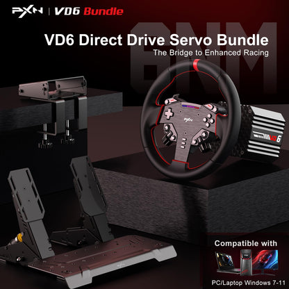VD6 Bundle: Racing Wheel and Pedals, 6 Nm Direct Drive Force Feedback | Servo Motor, W as Steering Wheel, Hall Effect 2-Pedal Set, and Clamp – Professional Sim Racing Setup for Windows PC (7–11)