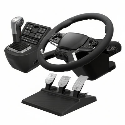 Force Feedback Steering Wheel Designed for Truck Simulation, 1800 Degree Rotation, Dual Motor System, Hall Effect Pedals