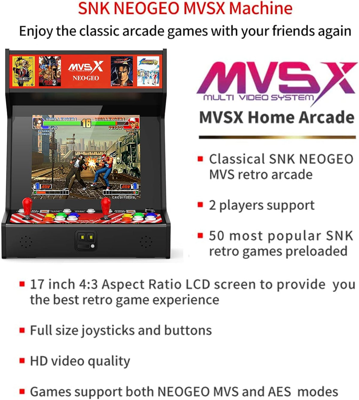 MVSX Arcade Machine and Base Combo, Pre-Loaded 50 SNK Retro Arcade Games