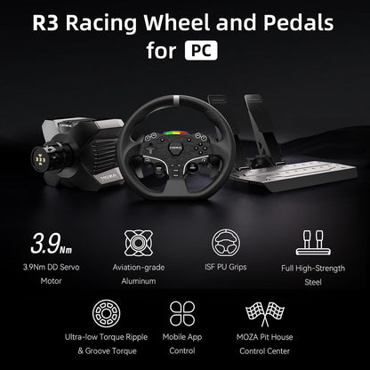 R3 Racing Wheel & Pedals Bundle Direct Drive Car Simulator Kit for PC | Incl. R3 3.9Nm DD Servo Base, 11-Inch ES Lite Racing Wheel, SR-P Lite Pedals, Table Clamp