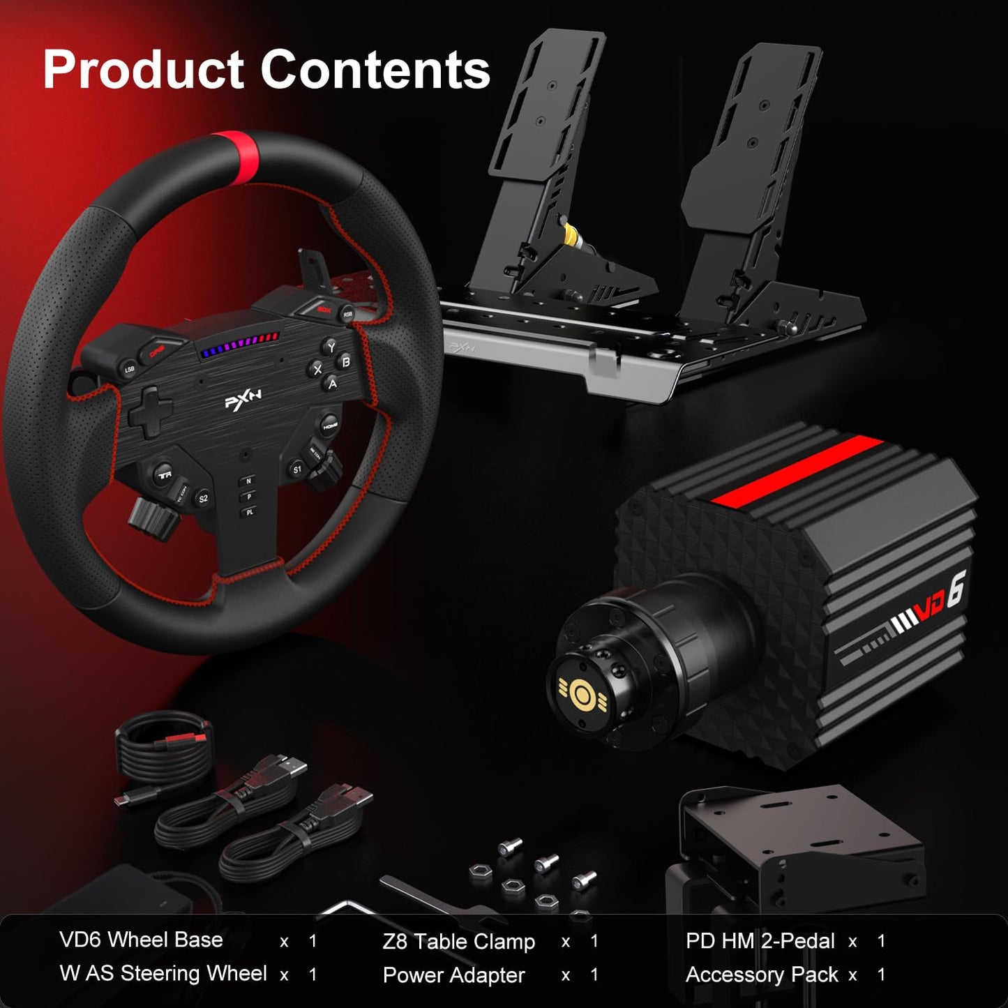 VD6 Bundle: Racing Wheel and Pedals, 6 Nm Direct Drive Force Feedback | Servo Motor, W as Steering Wheel, Hall Effect 2-Pedal Set, and Clamp – Professional Sim Racing Setup for Windows PC (7–11)