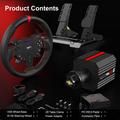 VD6 Bundle: Racing Wheel and Pedals, 6 Nm Direct Drive Force Feedback | Servo Motor, W as Steering Wheel, Hall Effect 2-Pedal Set, and Clamp – Professional Sim Racing Setup for Windows PC (7–11)
