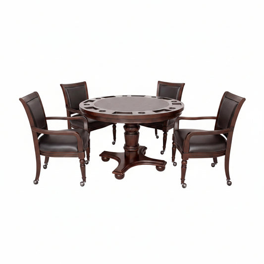 Bridgeport 2 in 1 round Poker Table and Chairs Set for Dining & Game Rooms – Furniture Grade Hardwood, Sturdy Pedestal Legs, Drink Holders, Chip Slots – Includes 4 Poker Table Chairs - Walnut