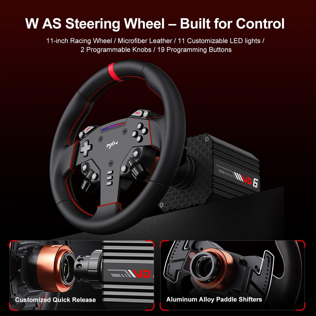 VD6 Bundle: Racing Wheel and Pedals, 6 Nm Direct Drive Force Feedback | Servo Motor, W as Steering Wheel, Hall Effect 2-Pedal Set, and Clamp – Professional Sim Racing Setup for Windows PC (7–11)